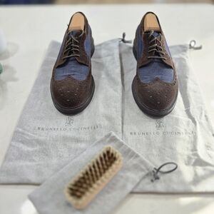 Brunello Cucinelli Leather and Denim Wing Tip Oxford